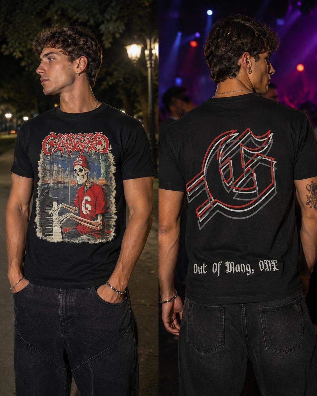 Camiseta Oversize Vintage Skull Pianist 'Out of Many, ONE' Black