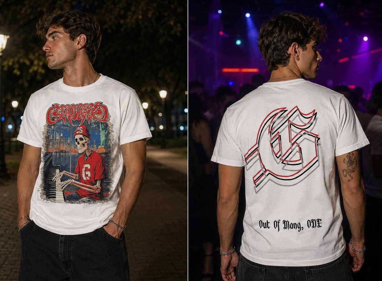 Camiseta Oversize Vintage Skull Pianist 'Out of Many, ONE' White