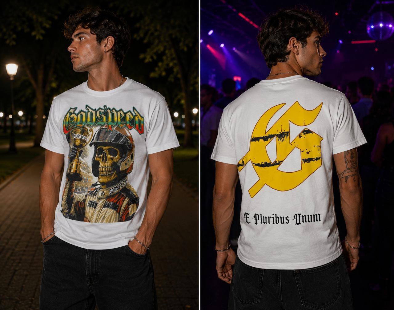 Camiseta Oversize Godspeed Racer Skull 'E Pluribus Unum' White